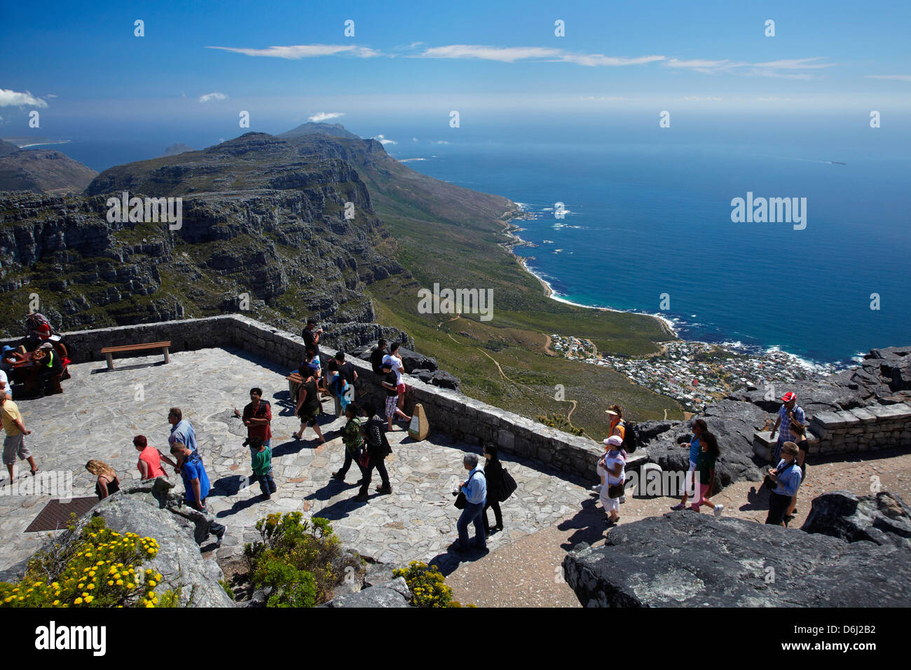 Tourists at viewpoint on Table Mountain, overlooking the Twelve Apostles and Atlantic Seaboard, Cape Town, South Africa Stock Photo