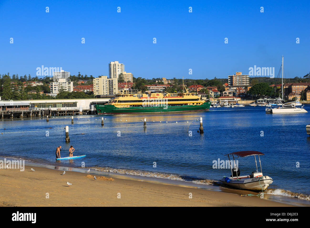 Manly Wharf and beach on a sunny day. Stock Photo