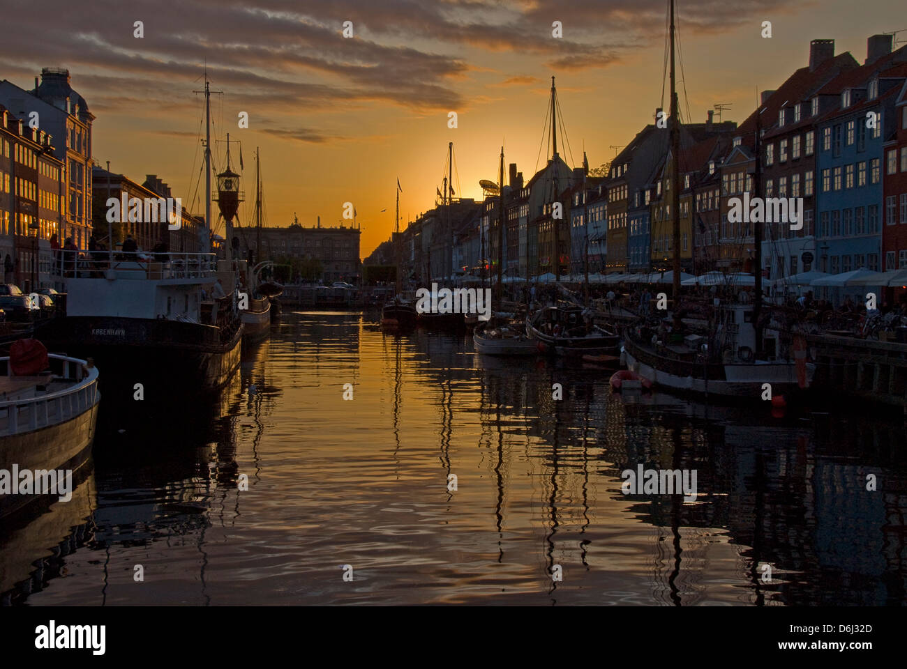 Sunset over Nyhavn, Copenhagen, Denmark Stock Photo
