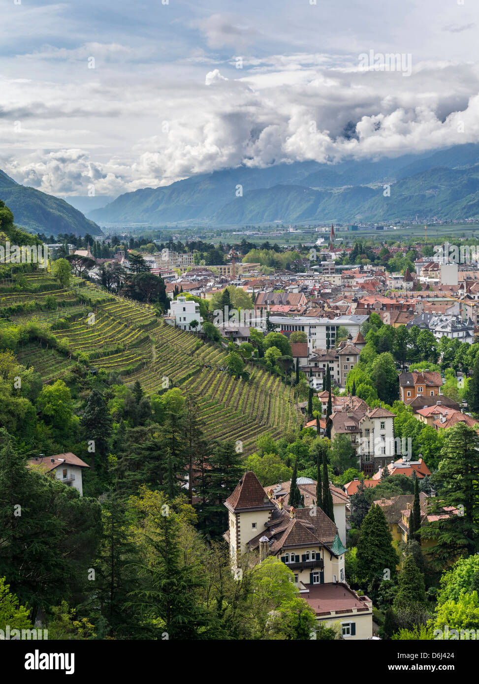 View over the city of Meran (Merano) and the Etsch Valley during spring. South Tyrol, Italy. Stock Photo