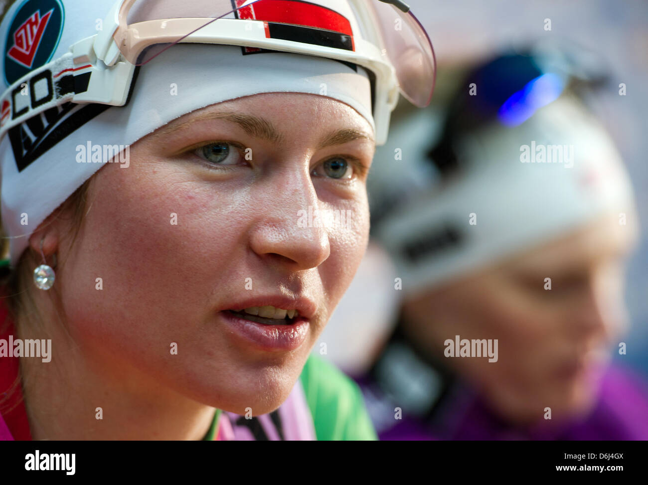 Belarussian biathlete Darya Domracheva sits during a press conference for the 2012 Biathlon