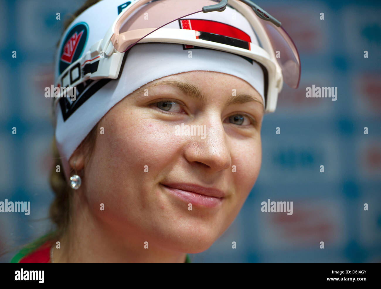 Belarussian biathlete Darya Domracheva sits during a press conference for the 2012 Biathlon