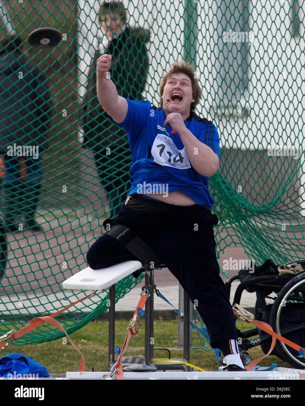 German discus thrower Ilke Wyludda throws the discus at the Brandberge