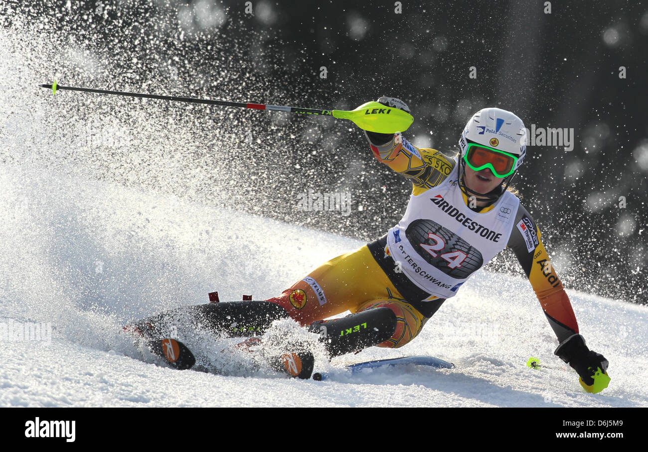 Canadian skier Erin Mielzynski races down the slope during the second