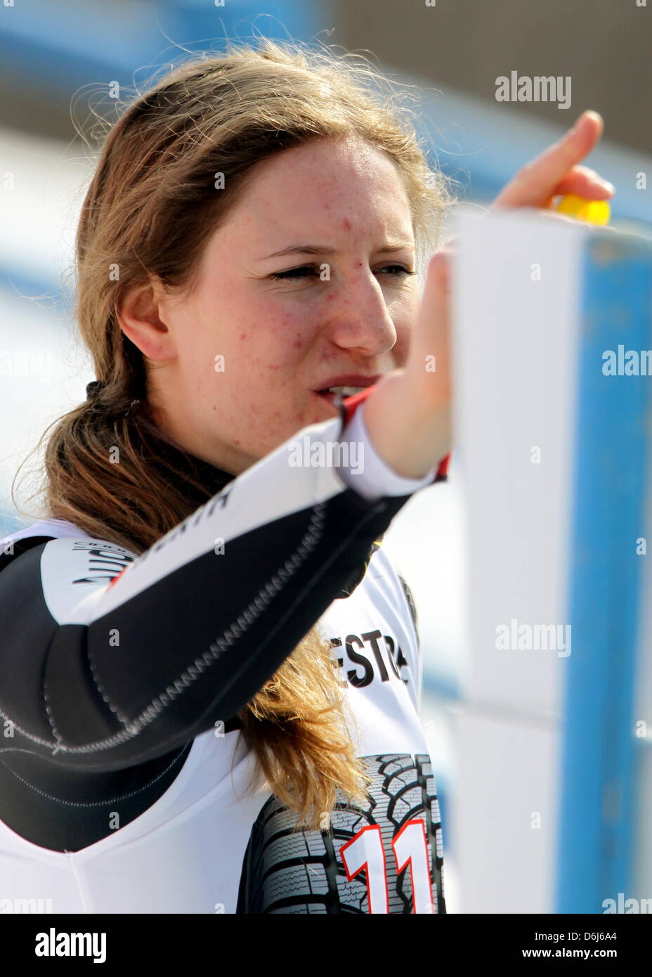 German skier Lena Duerr celebrates after the first run of the women's ...