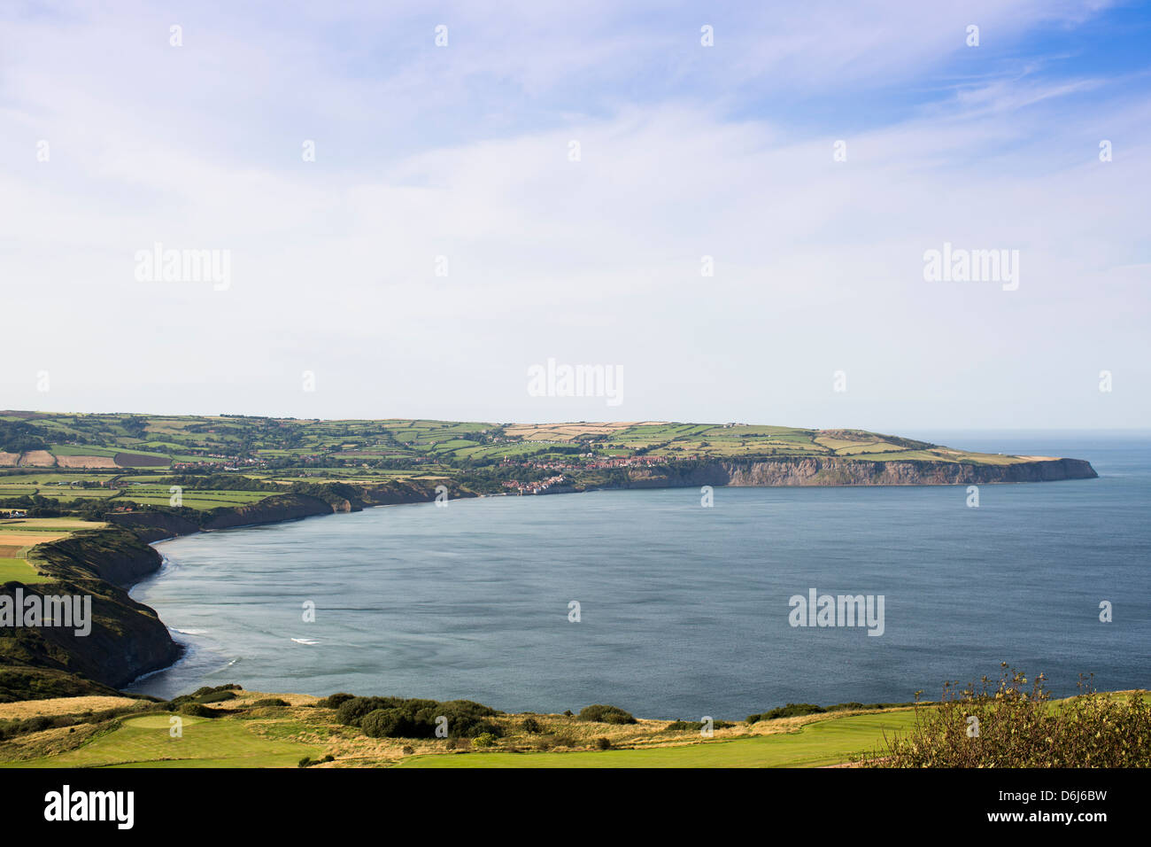 View on a sunny clear day of Robin Hood's Bay from Ravanscar in the North Yorks Moors National Park. Stock Photo