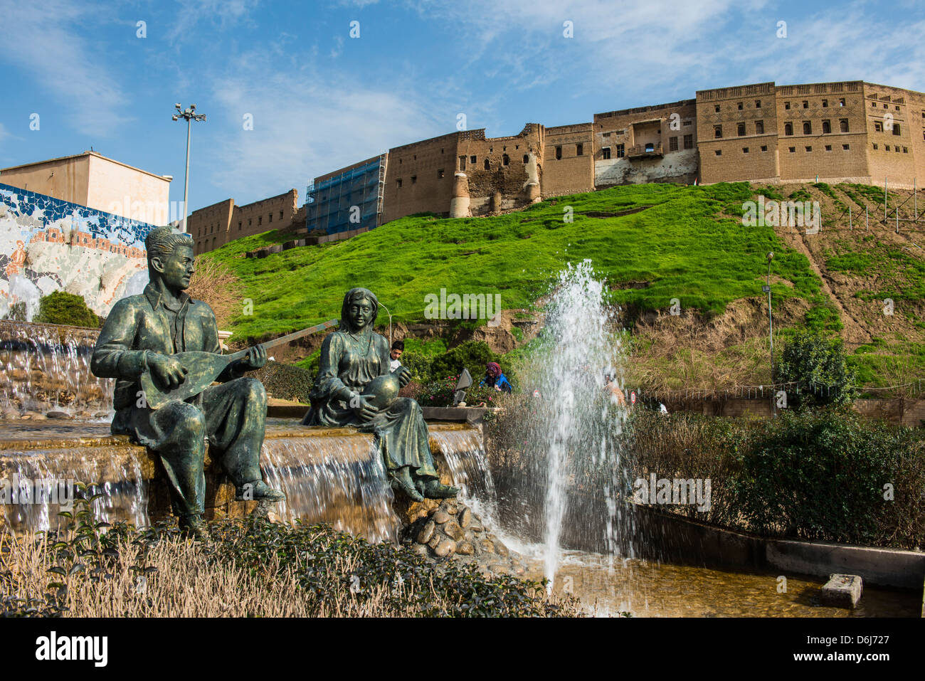 Statues and fountains below the citadel of Erbil (Hawler), capital of Iraq Kurdistan, Iraq, Middle East Stock Photo