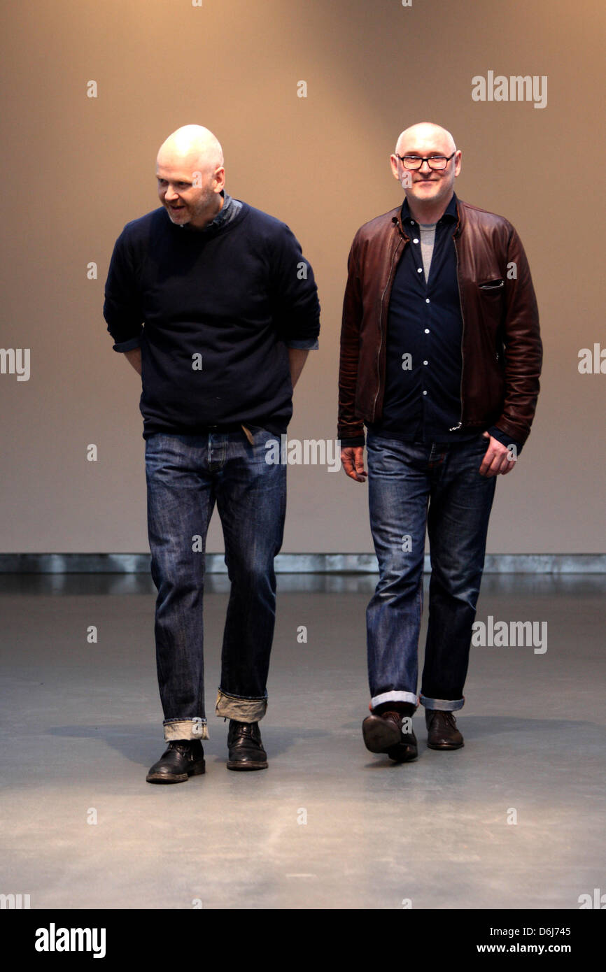 German designers Otto Droegsler (L) and Joerg Ehrlich appear on stage