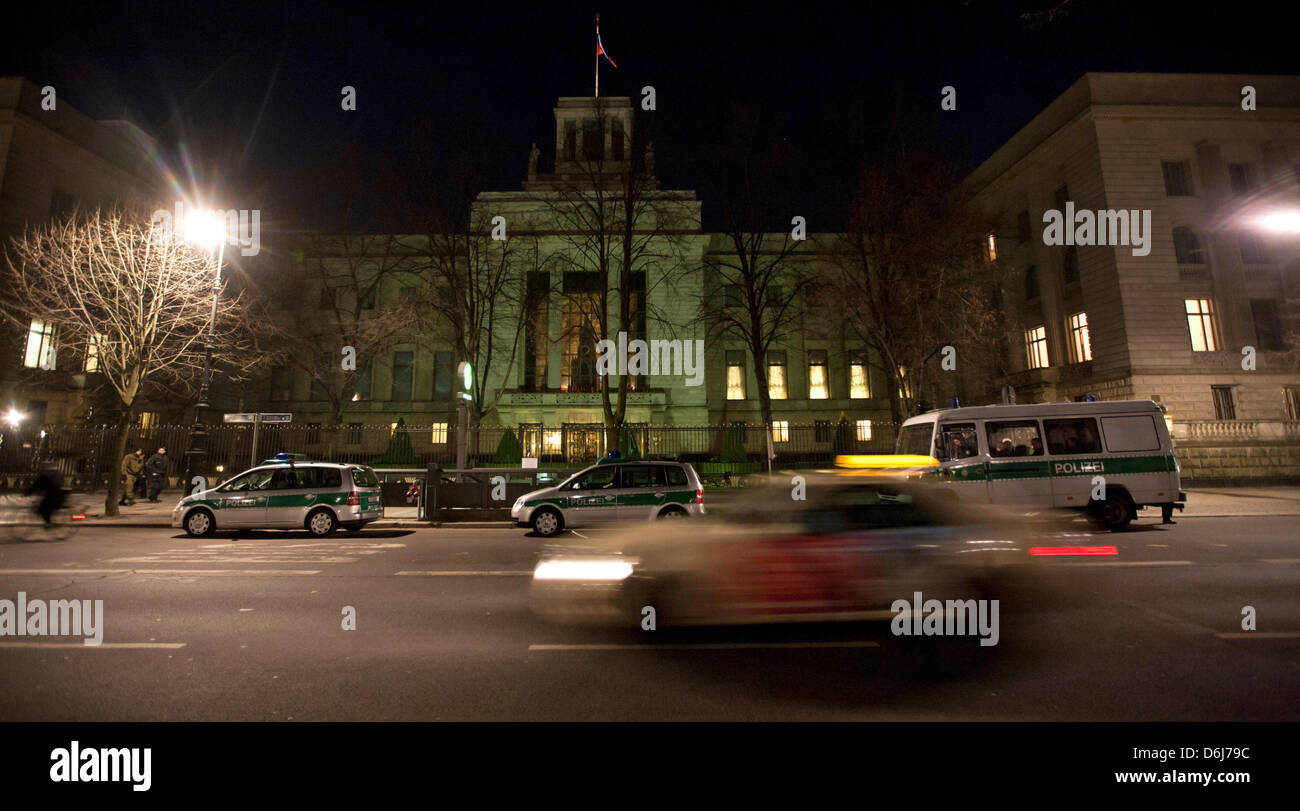 Police cars stand in front of the Russian embassy during a rally for free elections in Russia in Berlin, Germany, 05 March 2012. The participants demonstrated against the elections in Russia which took place on Sunday, 04 March 2012. Photo: Florian Schuh Stock Photo