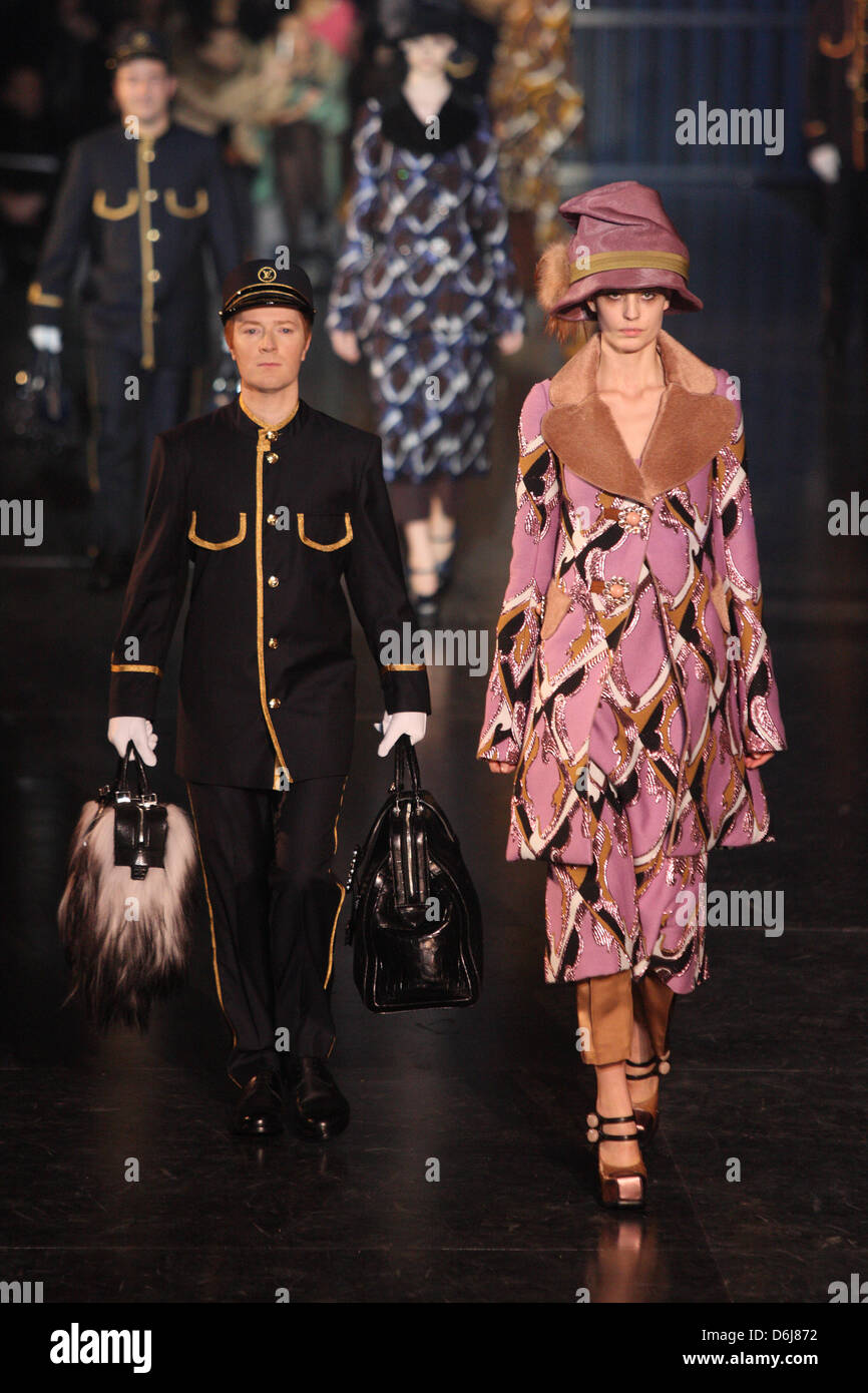 A model wears a creation by French designer Louis Vuitton as part of the  women's ready to wear spring/summer 2012 collection presented during the  Paris Pret-a-Porter fashion week, in Paris, France, 5