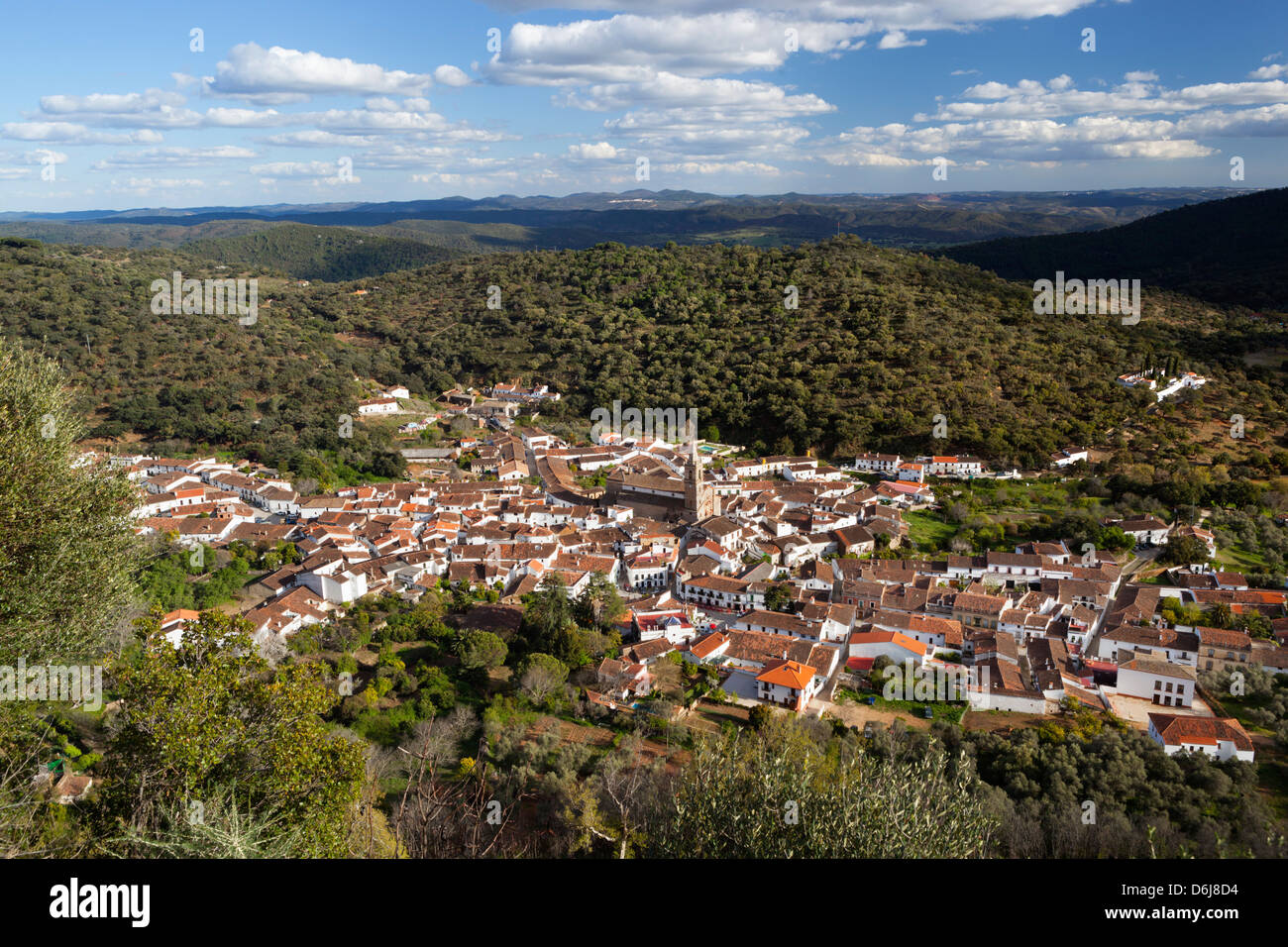View over village and Sierra de Aracena from the Pena de Arias Montano, Alajar, Huelva, Andalucia, Spain, Europe Stock Photo
