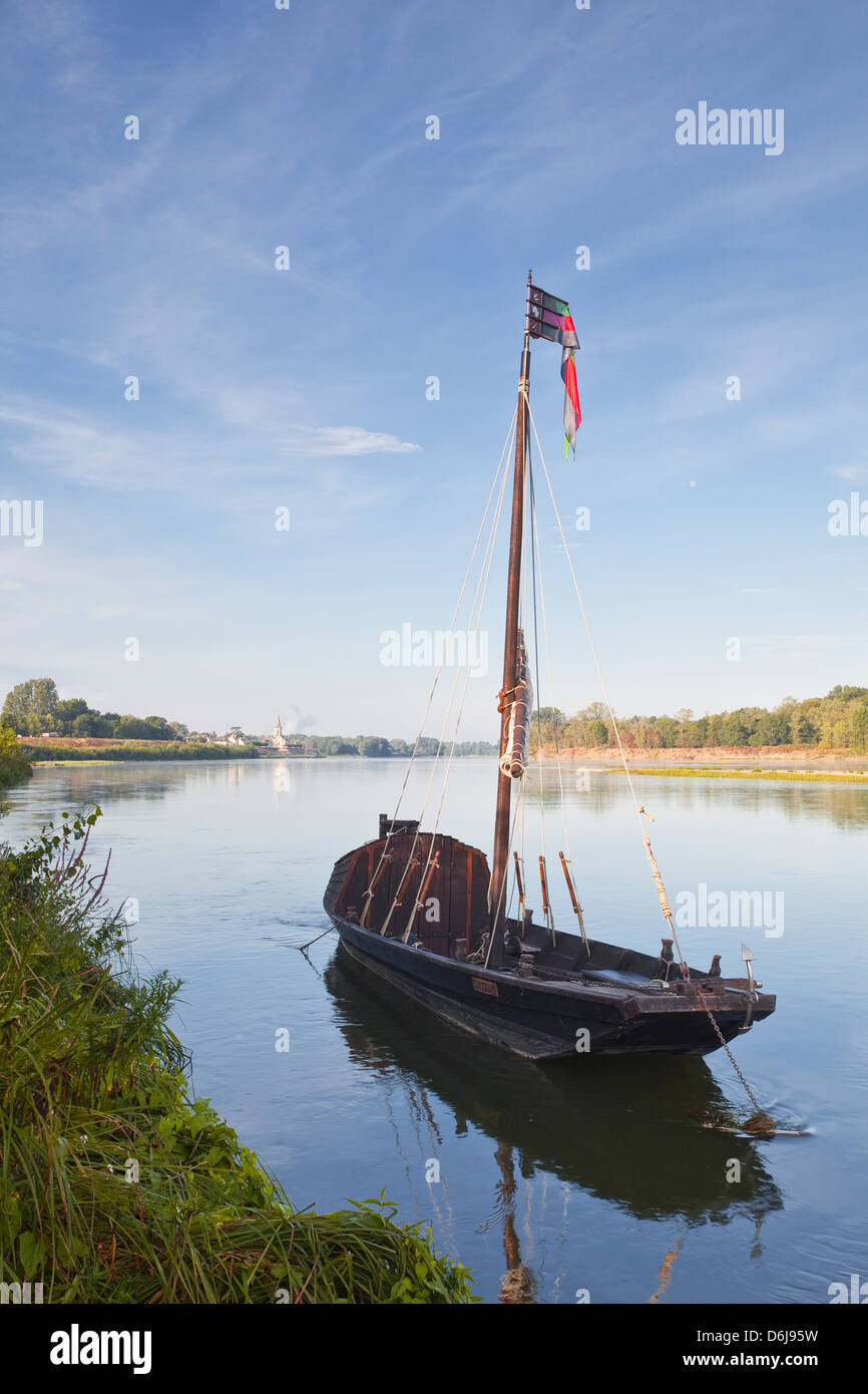 A traditional wooden boat on the River Loire, Indre-et-Loire, Loire Valley, France, Europe Stock Photo