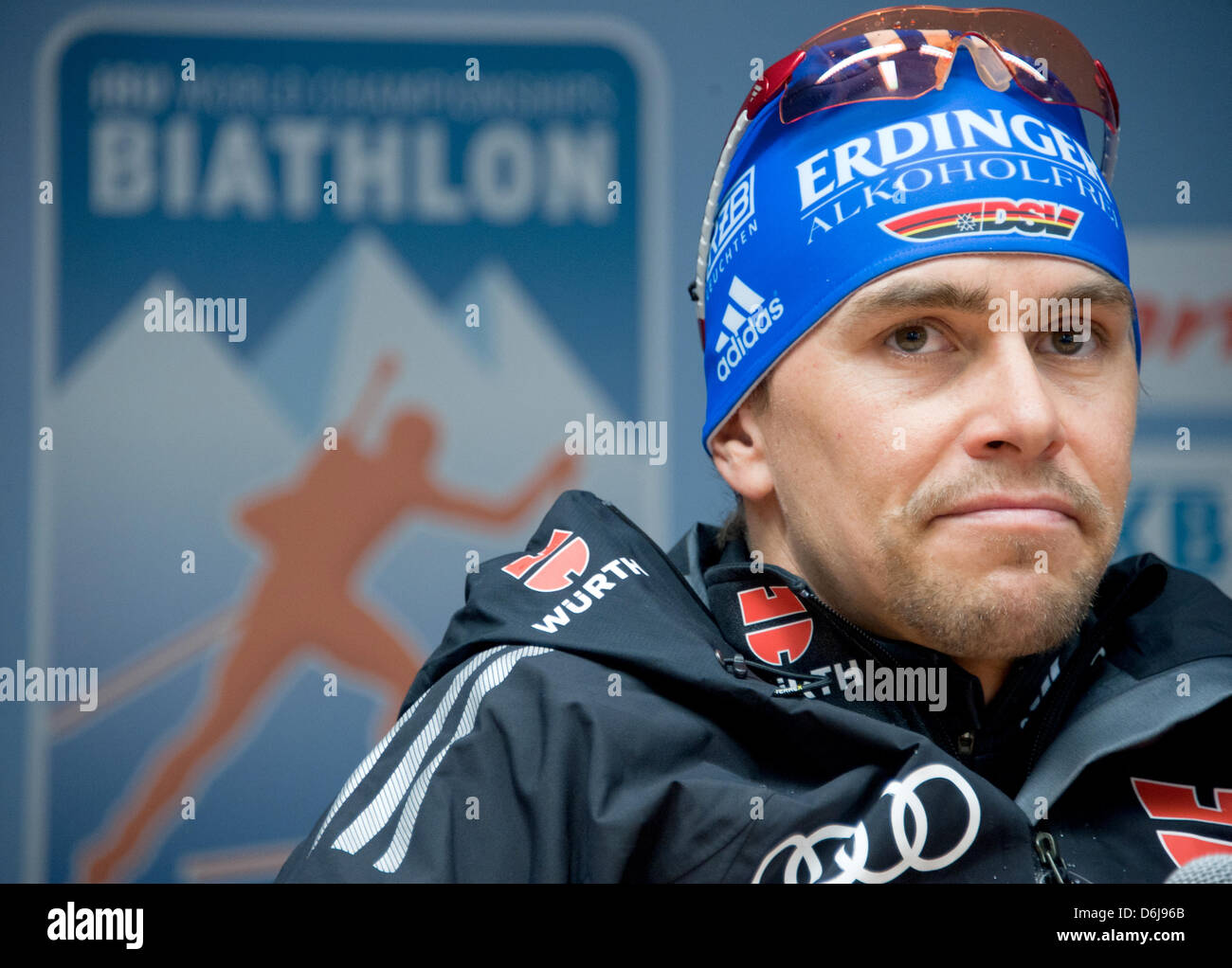 German biathlet Michael Greis gives a press conference during the biathlon world championships at the Chiemgau Arena in Ruhpolding, Germany, 08 March 2012. Photo: PETER KNEFFEL Stock Photo