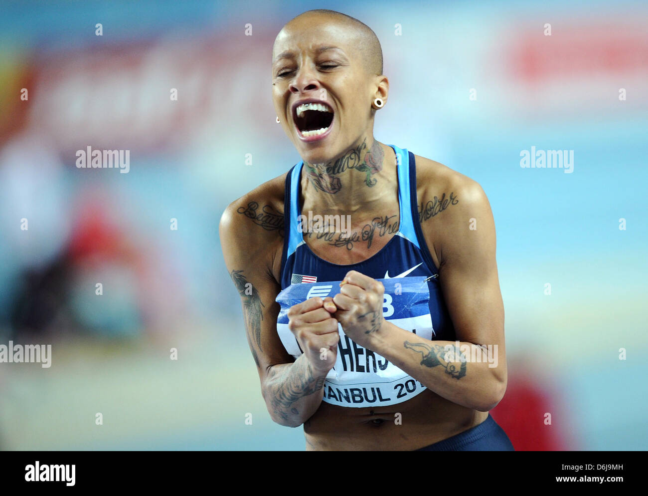 Inika McPherson of the U.S. reacts after failing in her last attempt in