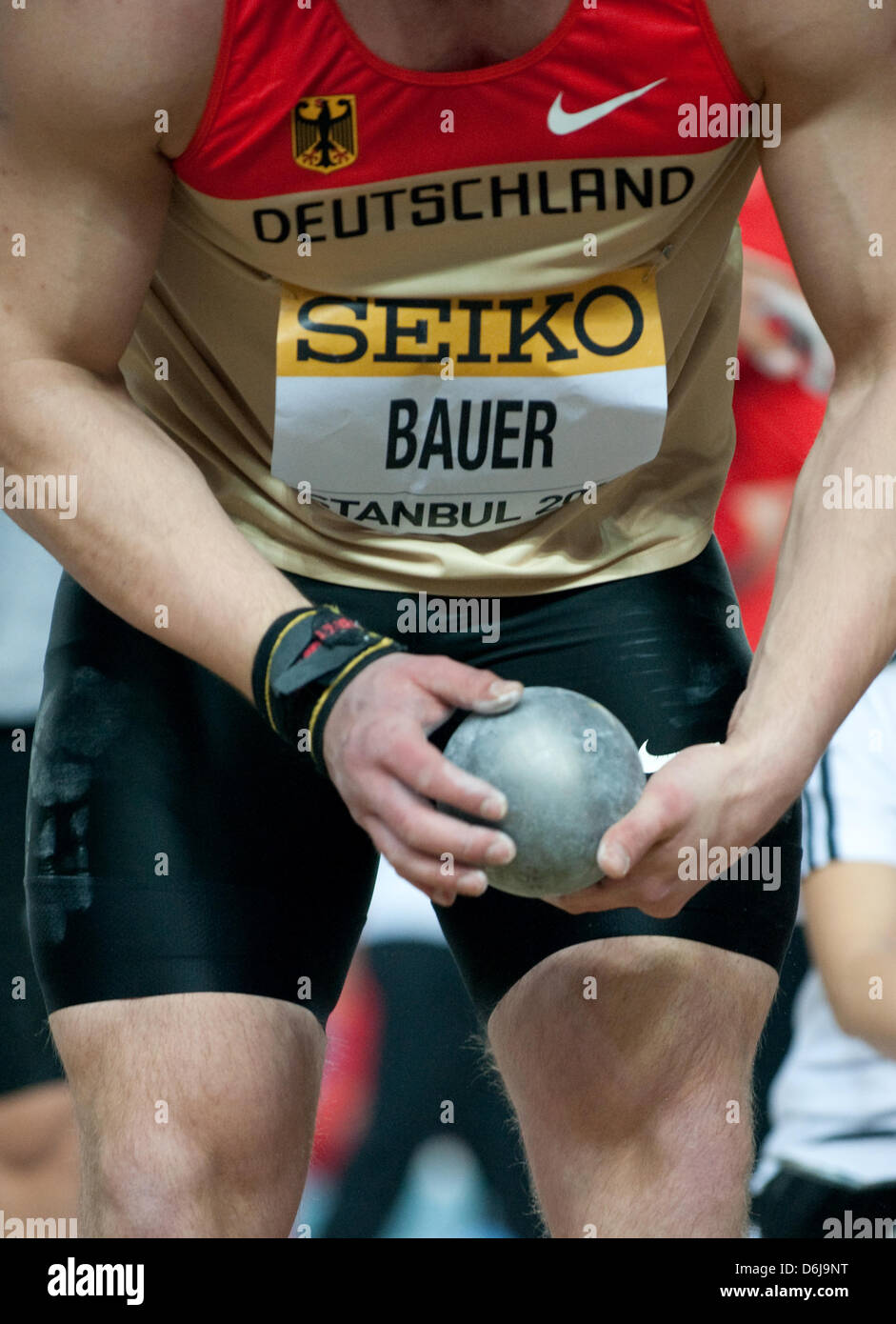 Candy Bauer of Germany prepares prior to the Men's shot put qualification at the IAAF World Athletics Indoor Championships at the Atakoy Arena in Istanbul, Turkey, 09 March 2012. Photo: Bernd Thissen dpa Stock Photo