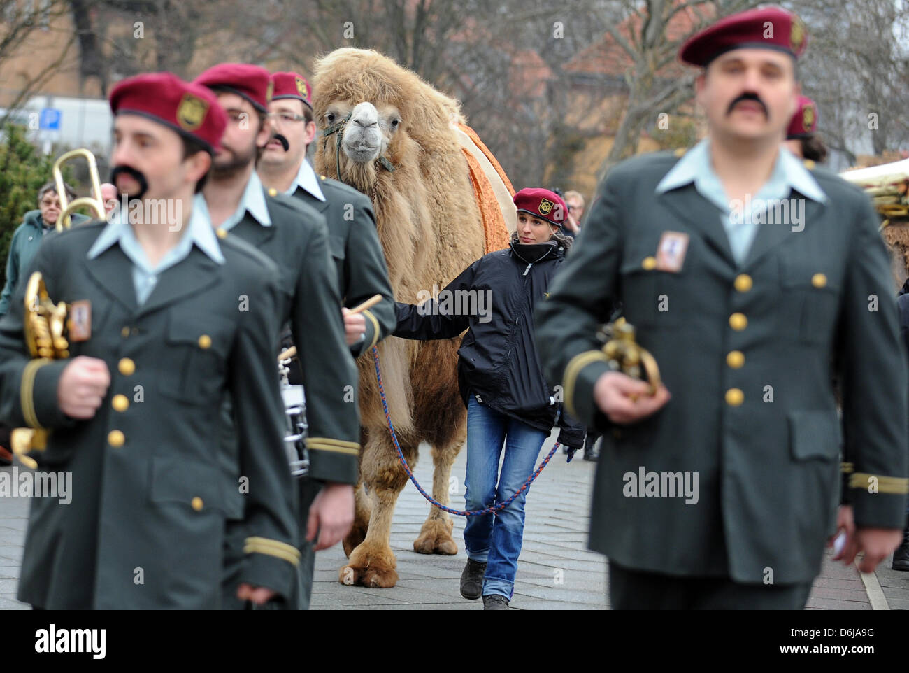 Representatives from the ficticious country Wadiya arrive to the convention center with music and camels at the International Tourism Trade Fair (ITB) in Berlin, Germany, 10 March 2012. A 'delegation' from the ficticious country arrived for an advertising campaign for the film 'The Dictator'. Around 12,000 exhibitors from 187 countries are presenting the travel offers at the ITB in Stock Photo