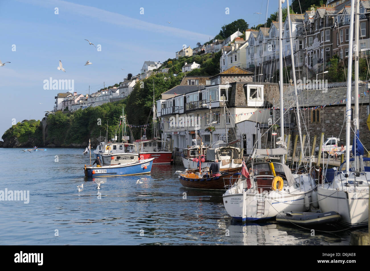 Fishing boat coming in to moor alongside other fishing boats and sailing yachts in Looe harbour, Cornwall, England, UK Stock Photo