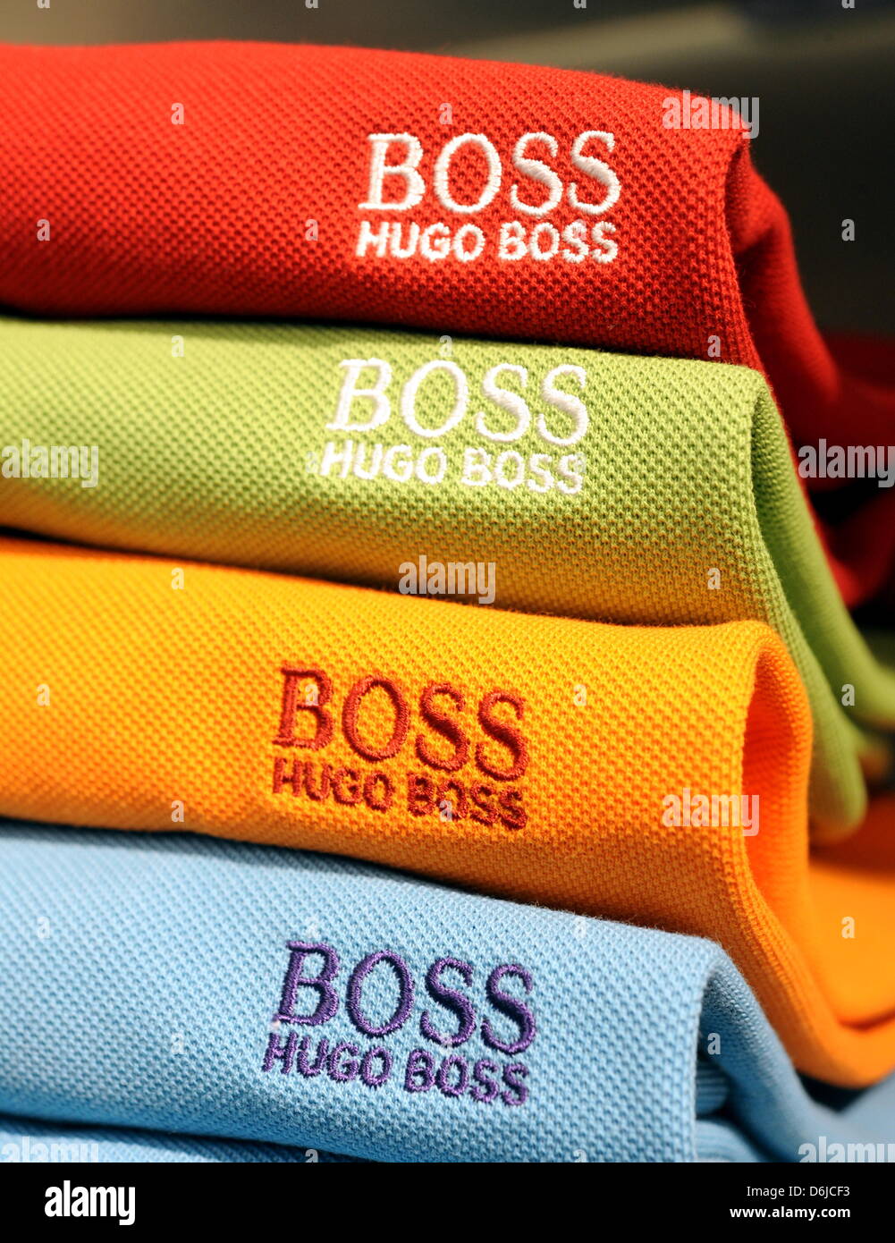 FILE - An archive picture dated 12 April 2010 shows T-Shirts by Hugo Boss at the company's headquarters in Metzingen, Germany. Hugo Boss presents its annual results for 2001 at a press conference on 14 March 2012. Photo: Bernd Weissbrod Stock Photo