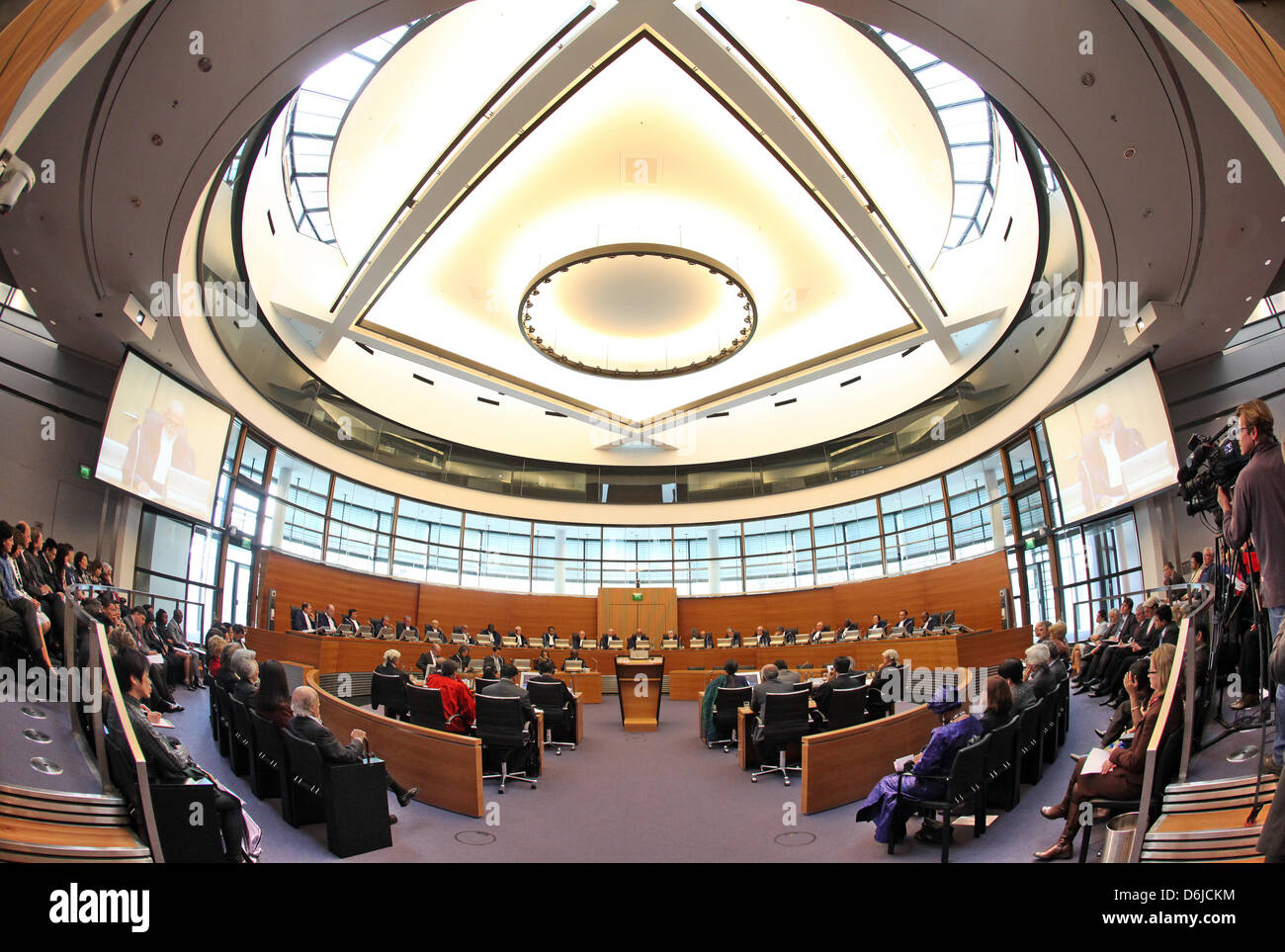 The main courtroom is pictured at the International Tribunal for the Law of the Sea (ITLOS) in Hamburg, Germany, 14 March 2012. The court had to settle a dispute over a maritime boundary between Burma and Bangladesh. Photo: BODO MARKS Stock Photo