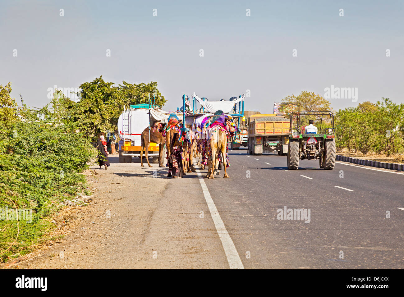 Ahmedabad Road in Gujarat India of typical congestion on India highways of users moving at different speeds and agendas Stock Photo