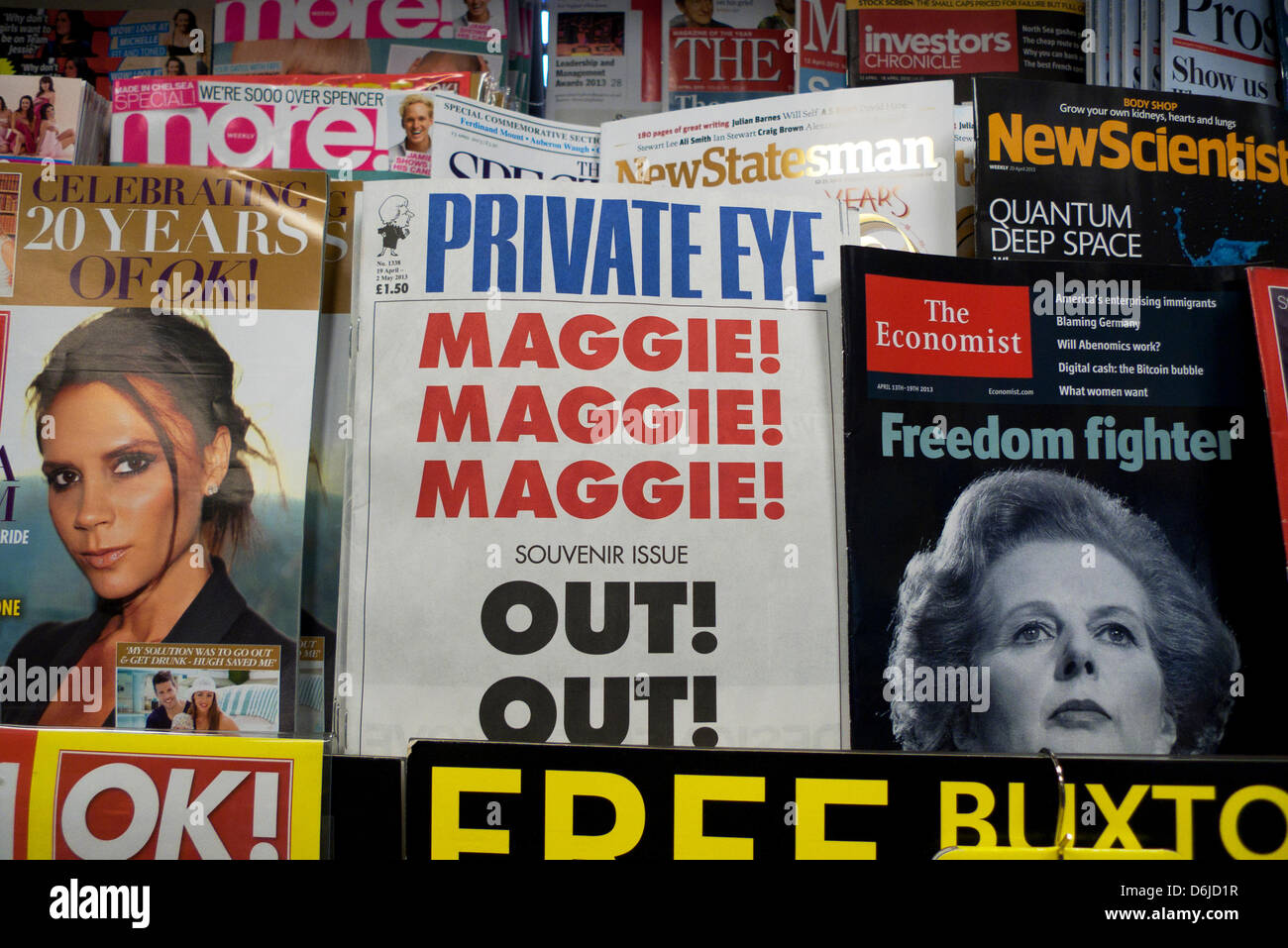 Mrs. Thatcher's portrait on the cover of The Economist Magazine and Private Eye's Souvenir Issue on a W.H. Smith newsstand 18 April 2013 Great Britain Stock Photo