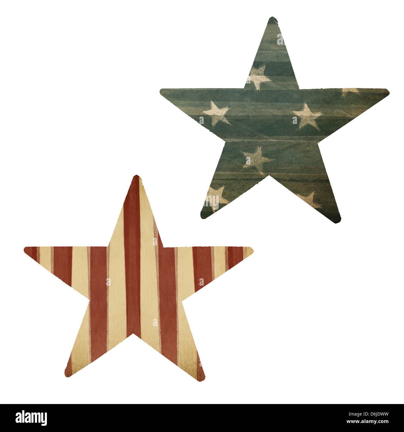 Two stars, American flag themed. Holiday design elements, isolated on white. Stock Photo
