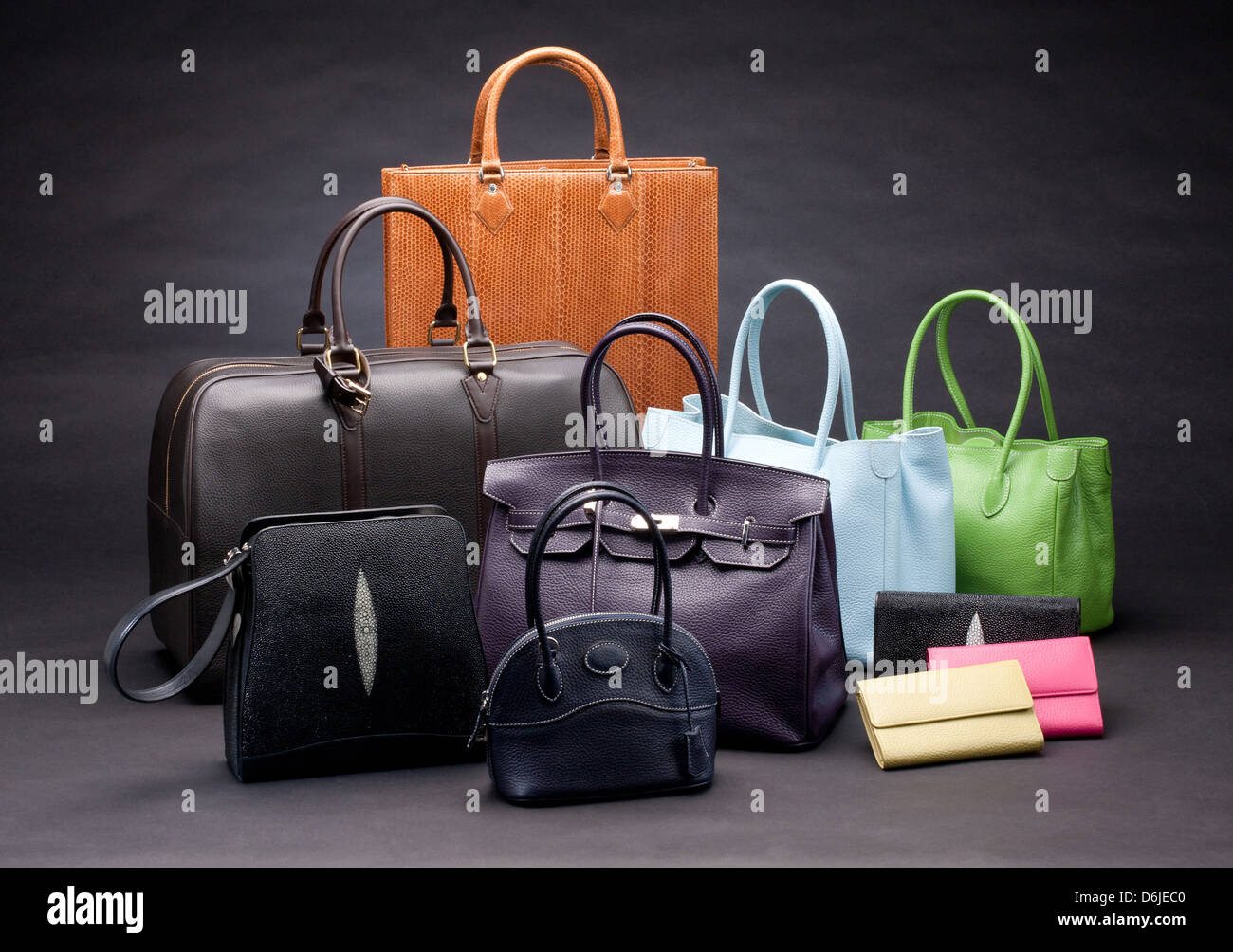 Set of beautiful leather handbags Stock Photo