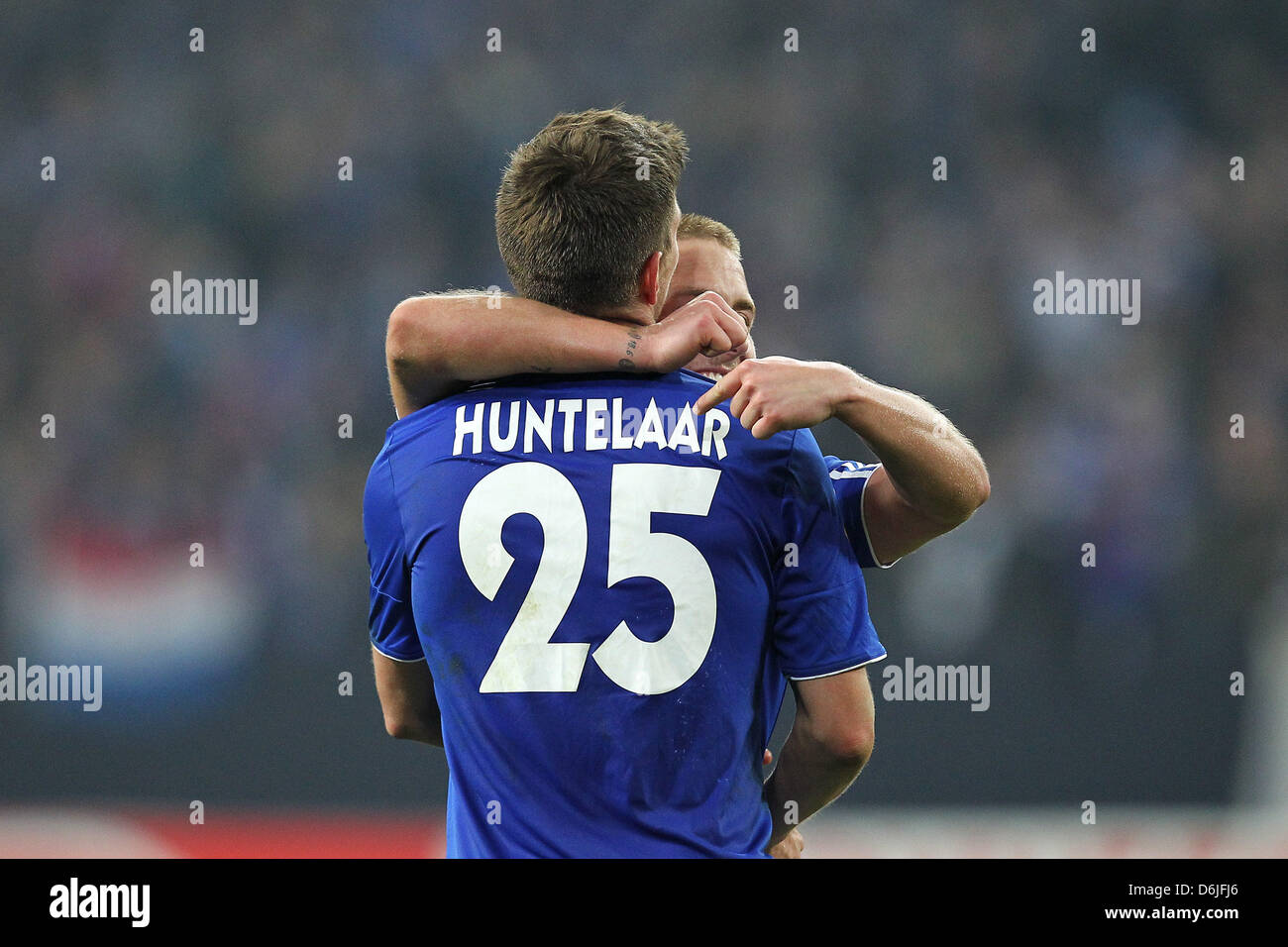 Schalke's Klaas-Jan Huntelaar (L) and Lewis Holtby (R) celebrate during the Europa League match between Schalke 04 and Twente Enschede at Veltins Arena in Gelsenkirchen, Germany, 15 March 2012. Photo: Revierfoto Stock Photo