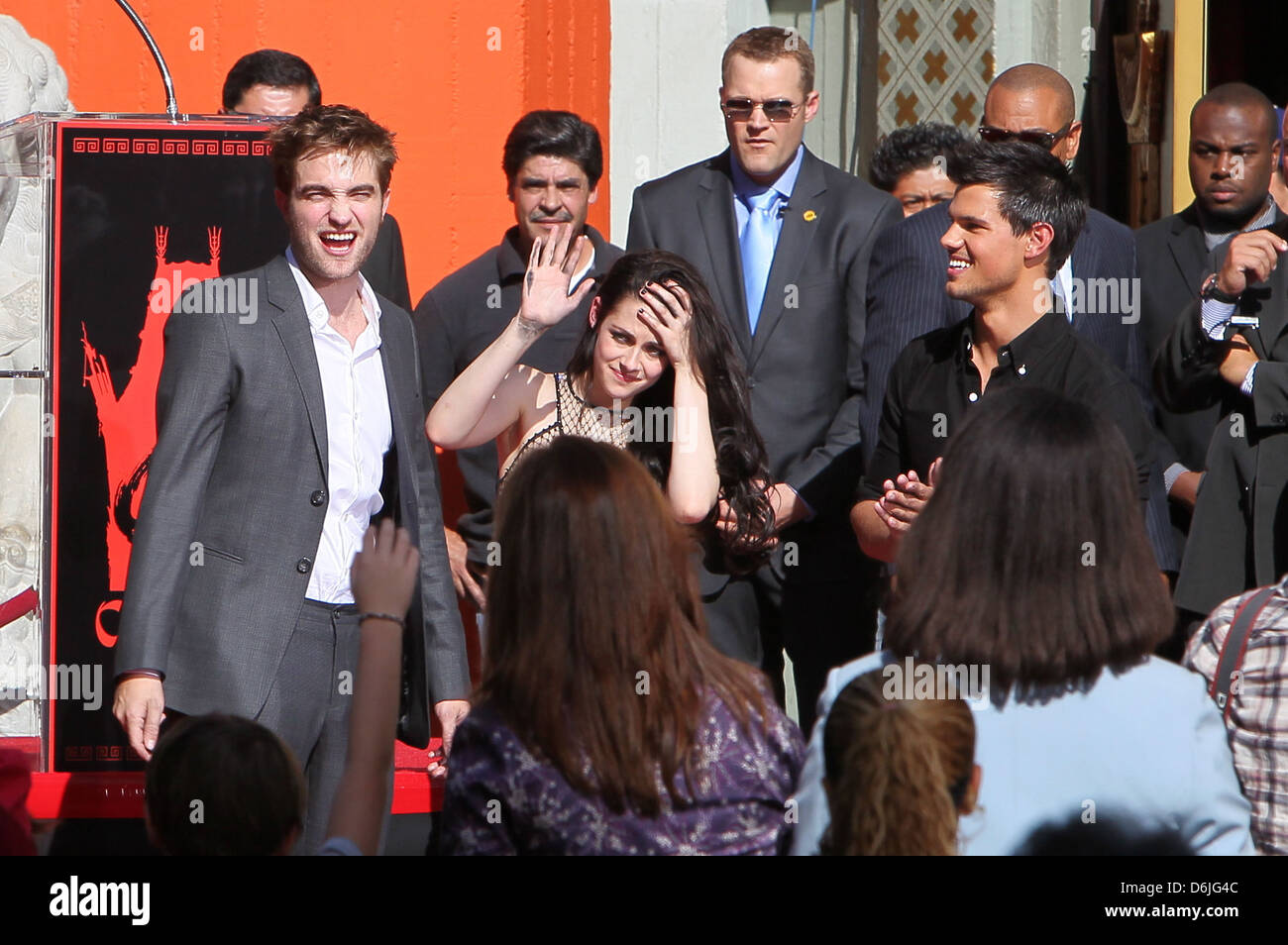 Robert Pattinson, Kristen Stewart, Taylor Lautner Stars of 'The Twilight Saga' films are honoured with a Hand and Footprint Stock Photo