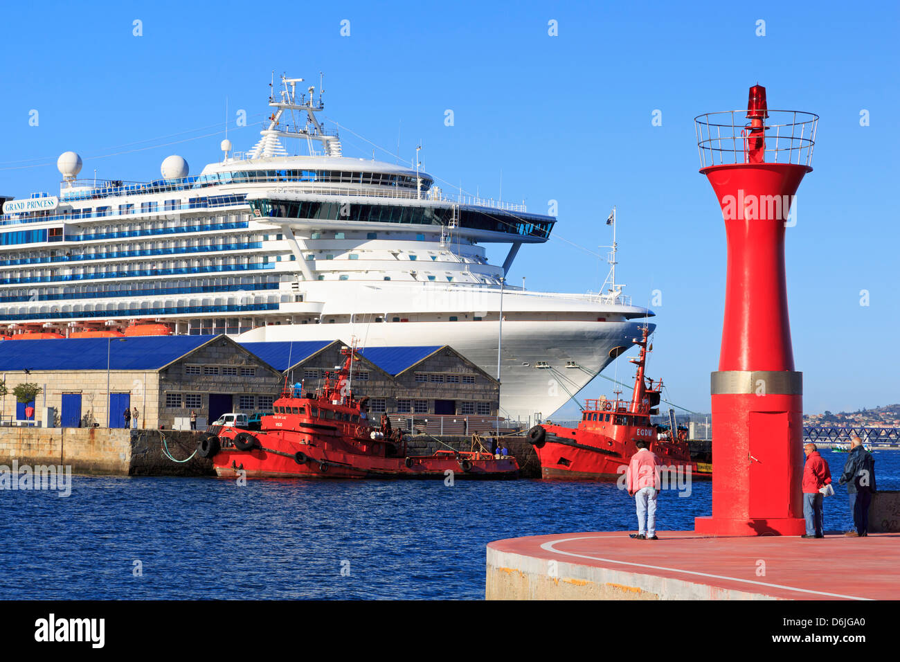 Marina lighthouse and cruise ship, Vigo, Galicia, Spain, Europe Stock Photo