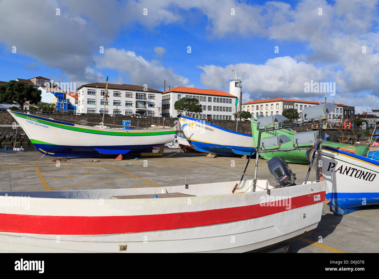 Fishing boats in harbour, Ponta Delgada Port, Sao Miguel Island, Azores, Portugal, Atlantic, Europe Stock Photo