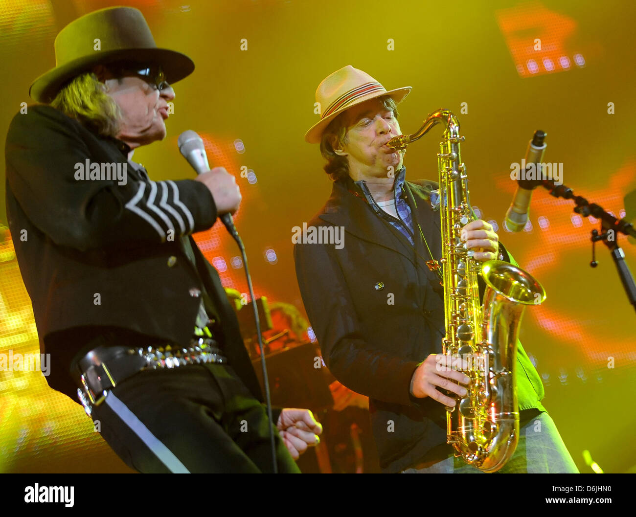 German singer Udo Lindenberg (L) and musician and comic Helge Schneider perform together on German singer Udo Lindenberg (L) and musician and comic Helge Schneider perform together on