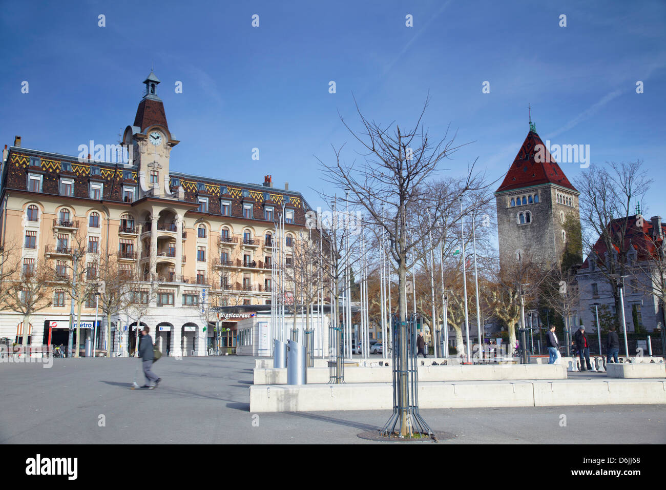 Hotel au Lac and Le Chateau d'Ouchy, Ouchy, Lausanne, Vaud, Switzerland, Europe Stock Photo