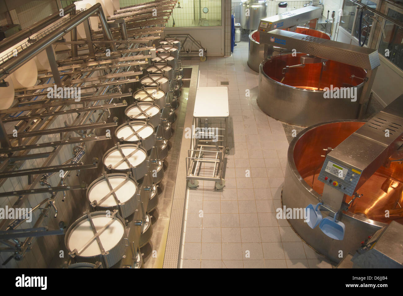 Cheese making equipment inside La Maison du Gruyere, Gruyeres, Fribourg, Switzerland, Europe Stock Photo