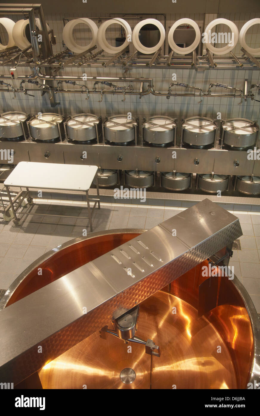 Cheese making equipment inside La Maison du Gruyere, Gruyeres, Fribourg, Switzerland, Europe