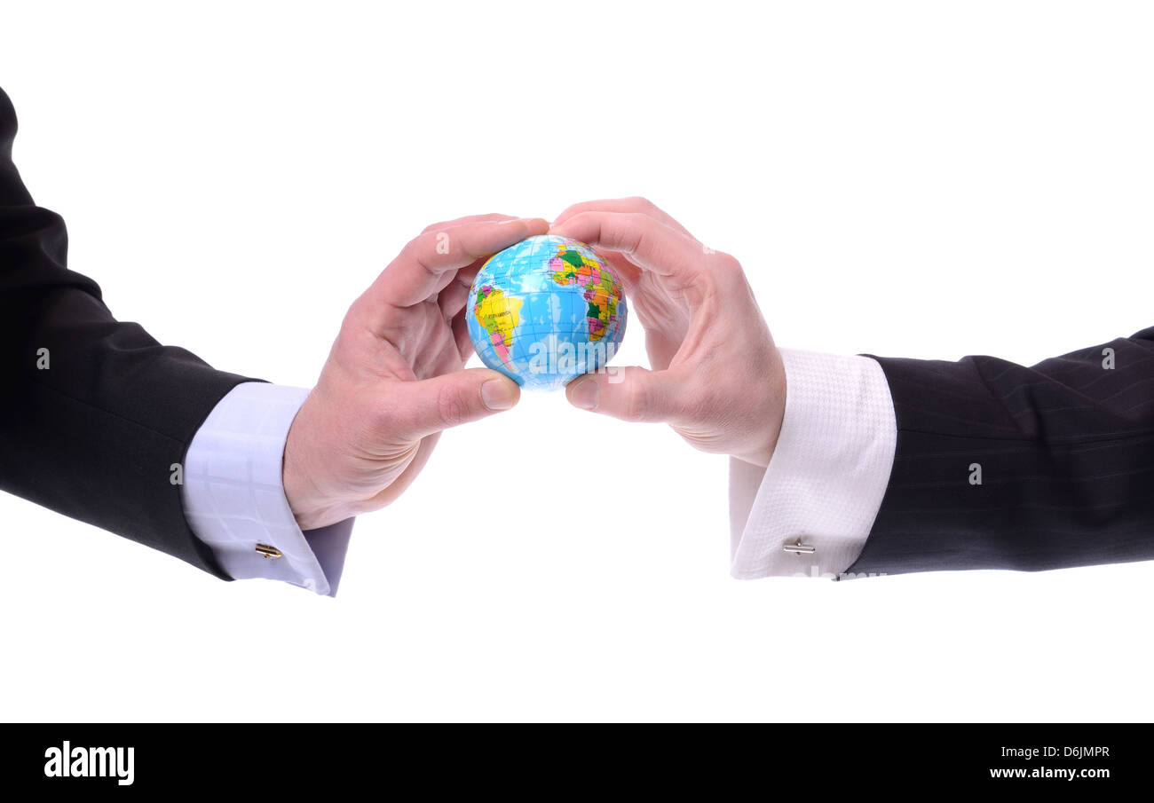 two businessmen holding a globe, concept of global communications isolated on white Stock Photo