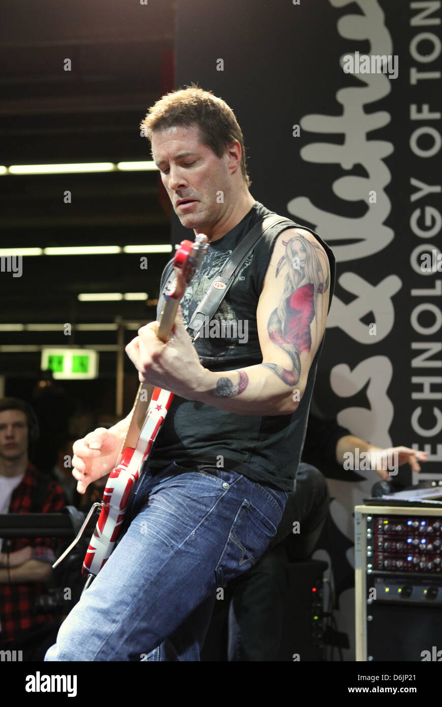 Jeff Waters, Canadian guitarist and producer of the thrash metal band  Annihilator, plays a short set at the Musikmesse in Frankfurt Main,  Germany, 22 March 2012. Photo: Susannah V. Vergau Stock Photo - Alamy
