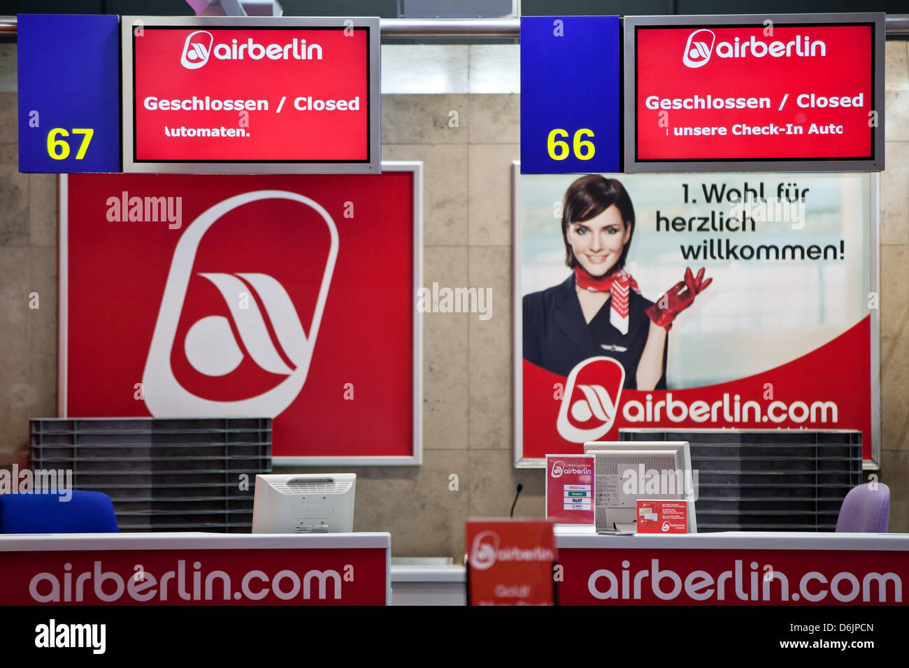 Two closed counters of the airline airberlin are pictured at the