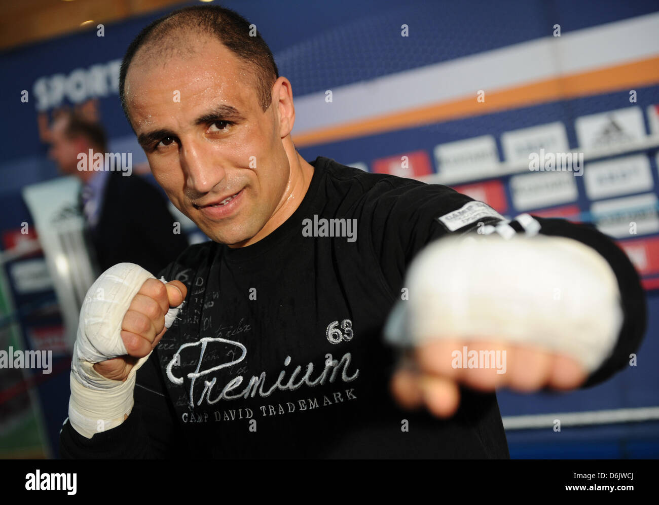 Boxer Arthur Abraham poses during a press training at a shopping center in Kiel, Germany, 27 March 2012. Abraham will fight Polish boxer Wilczewski in the super middleweight division. Previous IBF middleweight world champion Abraham wants to come closer to the top of boxing again with this fight. Photo: CHRISTIAN CHARISIUS Stock Photo