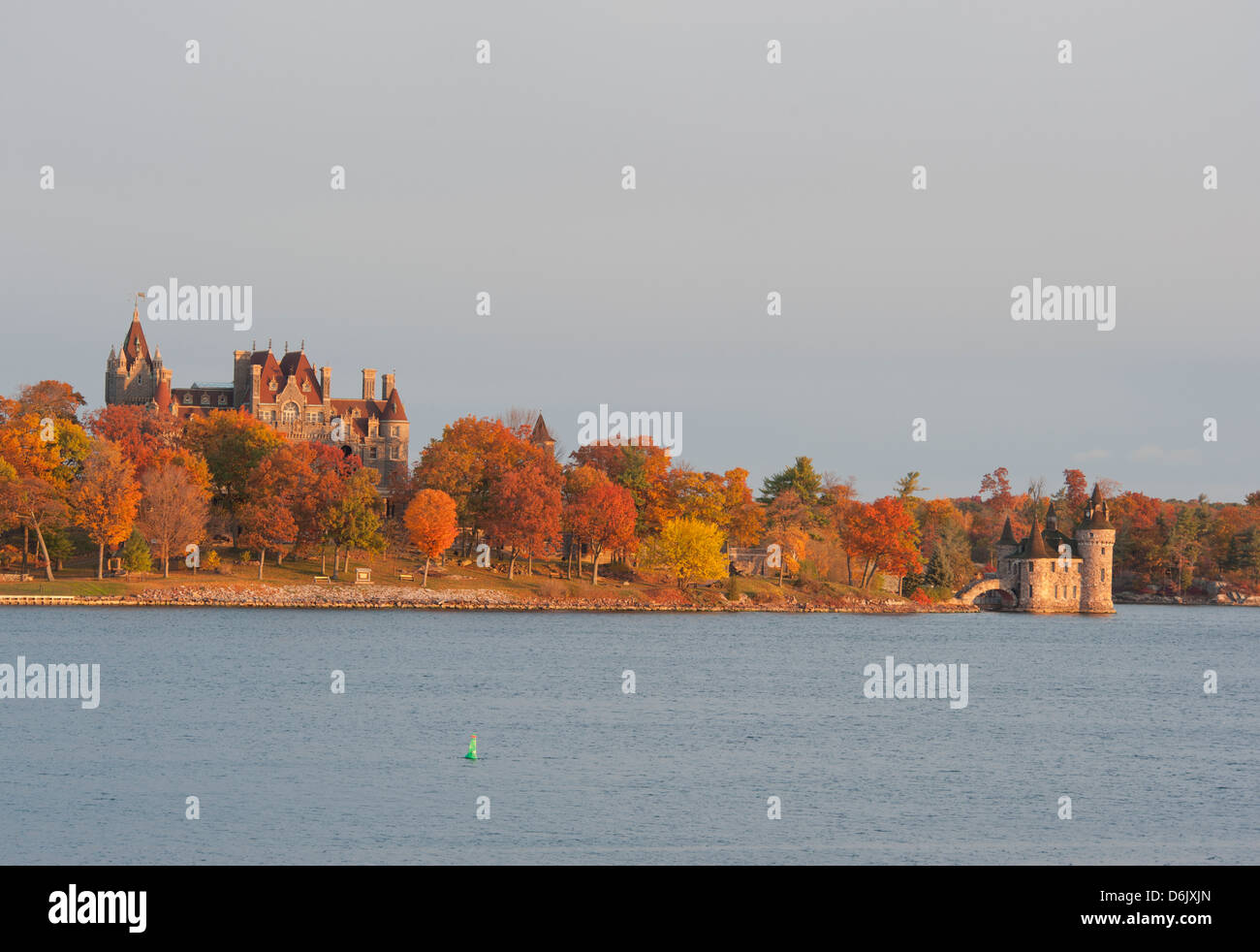 Boldt Castle on Hart Island at sunrise on the St. Lawrence River, New York State, United States of America, North America Stock Photo