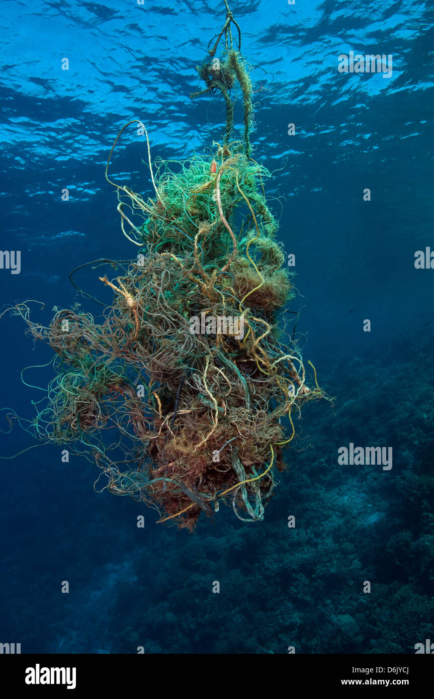 Marine debris jammed fishing net drifting along coral reef Sulawesi