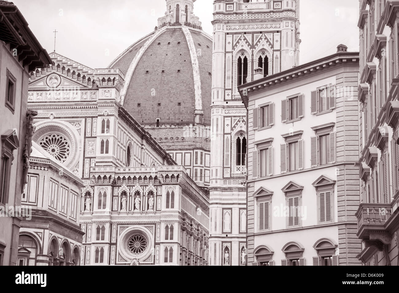 Duomo Cathedral Church In Florence, Italy In Black And White Sepia Tone 