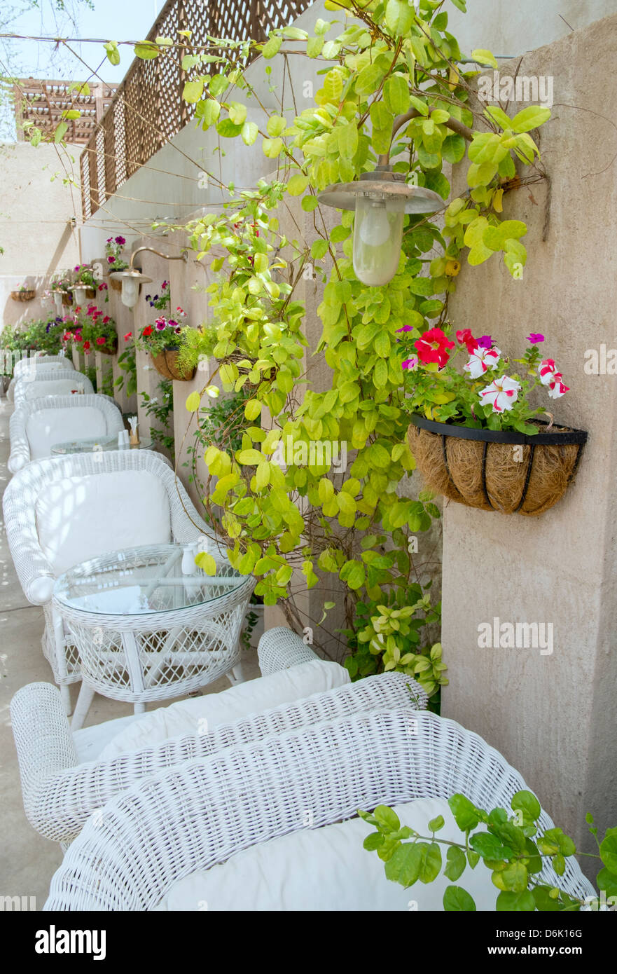 Outdoor courtyard cafe detail in historical Al Bastakiya old district in Bur Dubai United Arab Emirates Stock Photo