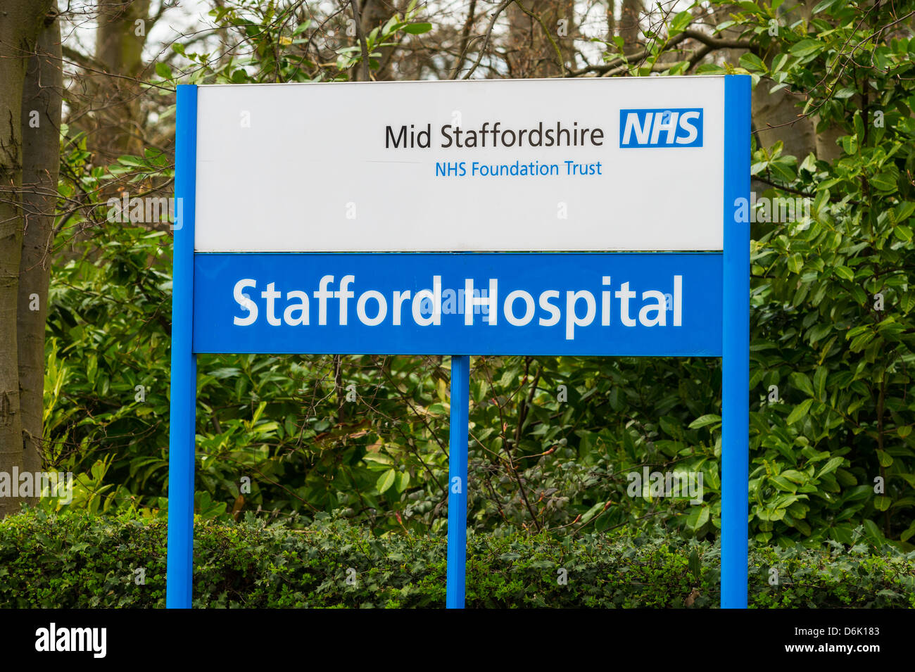 Stafford Hospital Signs, Mid Staffordshire NHS Foundation Trust under investigation due to high mortality rates. Stock Photo