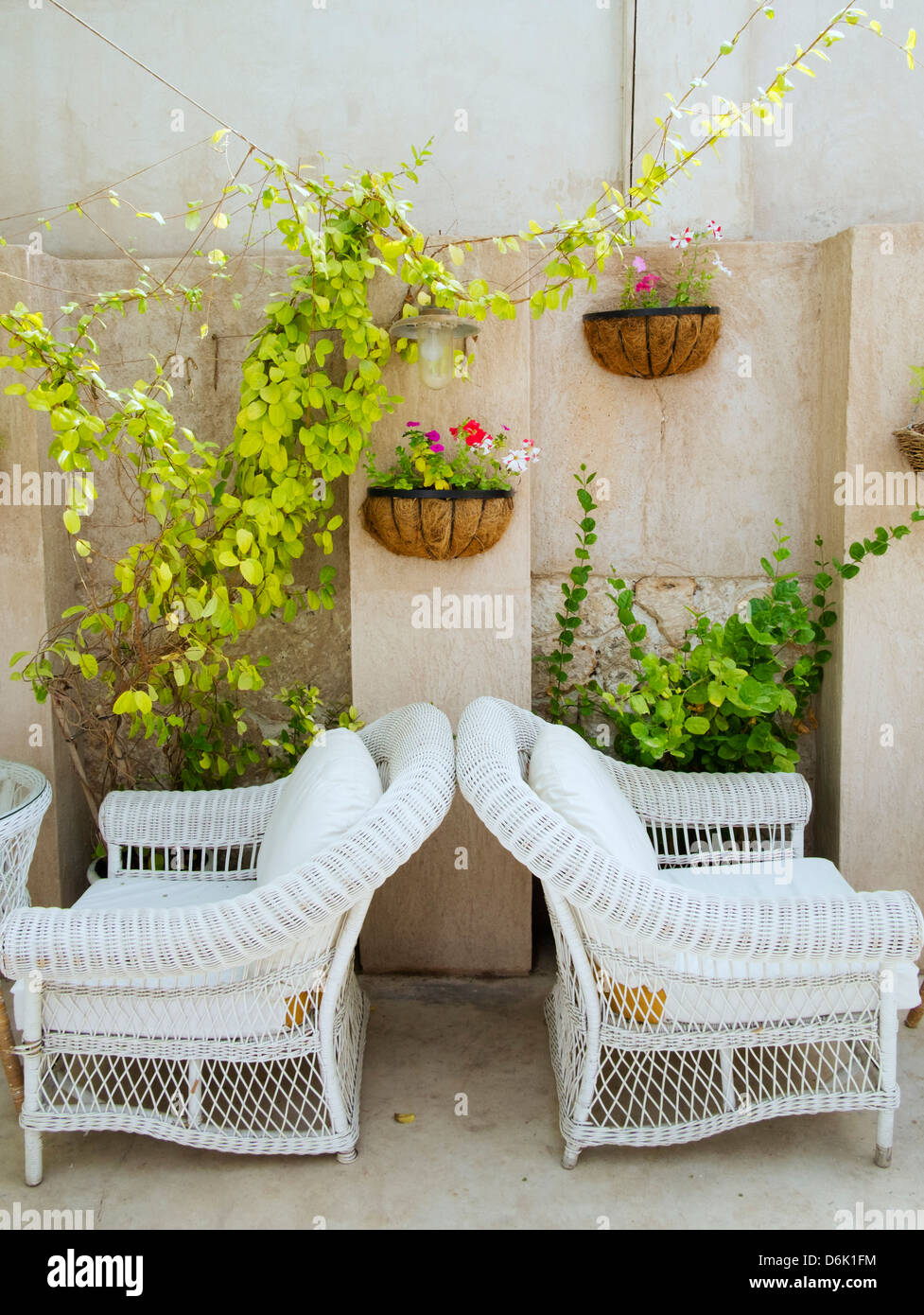 Outdoor courtyard café detail in historical Al Bastakiya old district in Bur Dubai United Arab Emirates Stock Photo
