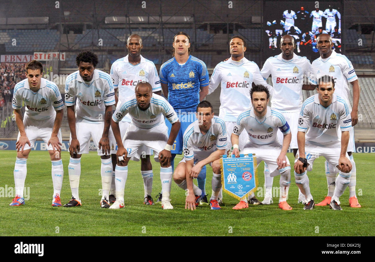 The squad of players of French soccer club Olympique Marseille pose for a  group picture prior to the Champions League first leg quarter final match  between Olympique Marseille and FC Bayern Munich