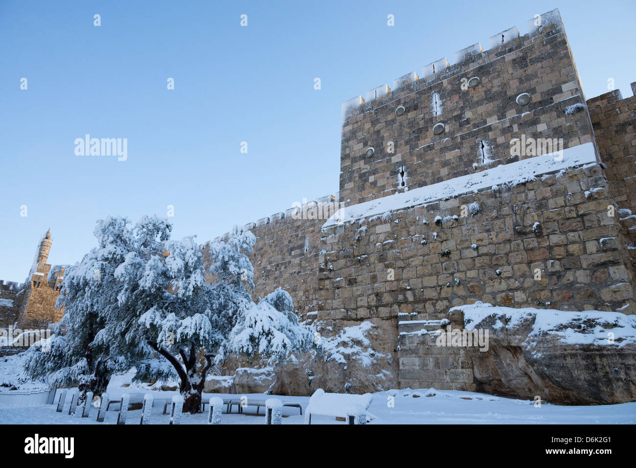 Snow in Jerusalem on January 10, 2013. Old City walls and Tower of David. Stock Photo
