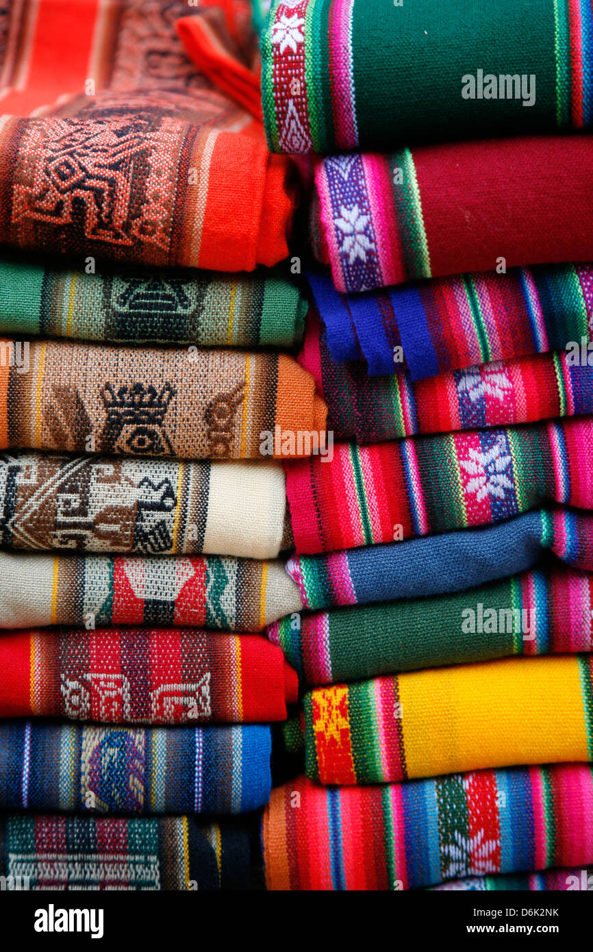 Local carpets made of llama and alpaca wool at the market in Purmamarca, Quebrada de Humahuaca, Jujuy Province, Argentina Stock Photo