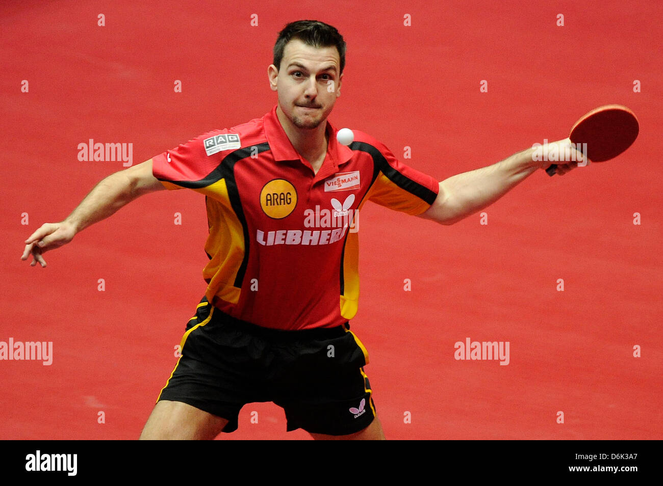 Germany's Timo Boll plays against Japan's Niwa Koki during the men's semi-final match between Japan and Germany at Westfalenhalle at the 2012 World Team Table Tennis Championships in Dortmund, Germany, 31 March 2012. Photo: MARIUS BECKER Stock Photo