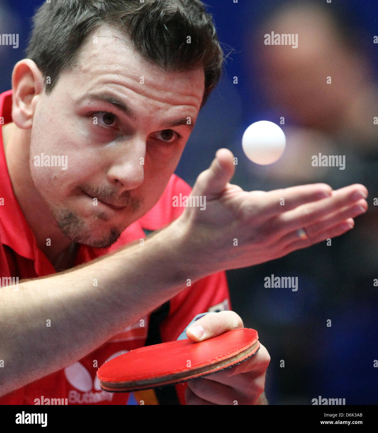 Germany's Timo Boll plays against Japan's Niwa Koki during the men's semi-final match between Japan and Germany at Westfalenhalle at the 2012 World Team Table Tennis Championships in Dortmund, Germany, 31 March 2012. Photo: FRISO GENTSCH Stock Photo
